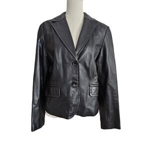 Vintage Black Leather Blazer Cropped Buttons Pockets 90s Y2K Soft Collar Large